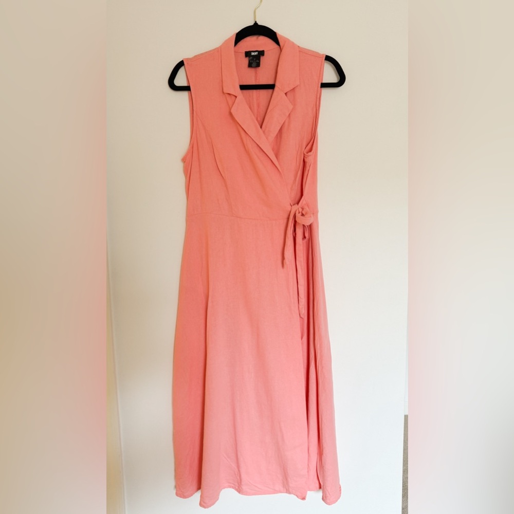 DKNY Sleeveless Linen/Viscose Salmon Sleeveless Wrap Midi Dress Size 12